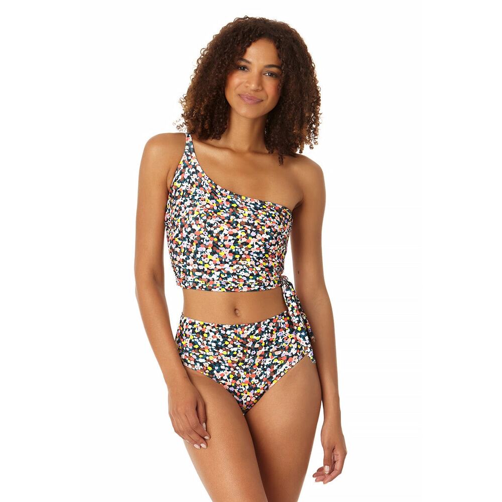 Anne Cole Confetti Multicolor Print One Shoulder Side Tie Bikini Swimsuit Top M